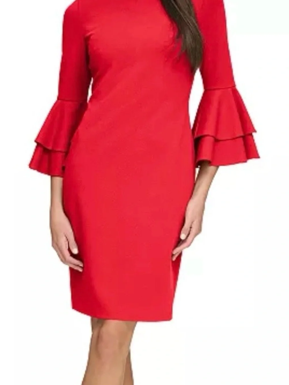 Calvin Klein Red Long-Sleeve Sheath Dress with Lace Ruffle Cuffs